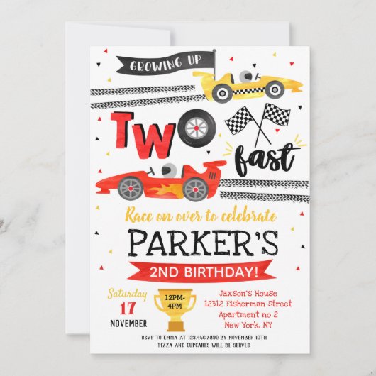 2人の早い誕生日パーティー、赤いレースカー、2歳の誕生日  招待状 (正面)