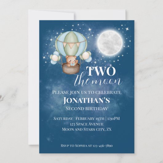 2人の月の男の子が気球で2回目の誕生日 招待状 (正面)