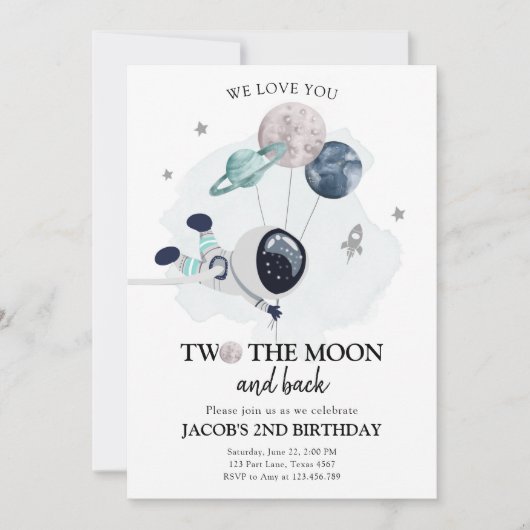 2人の月飛行士宇宙ボーイ2歳の誕生日 招待状 (正面)