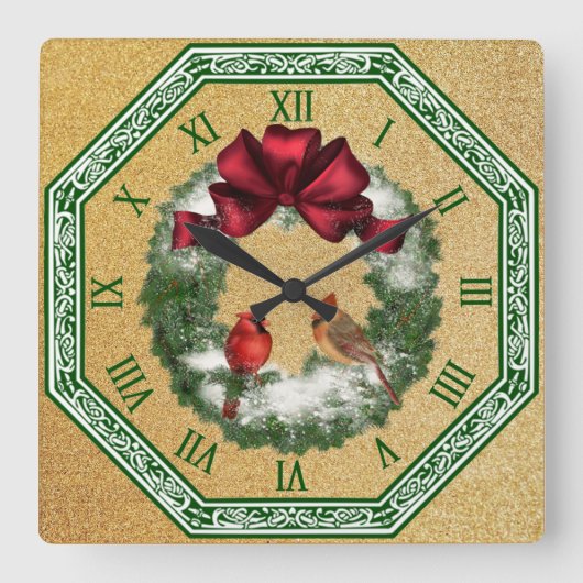 2人の深紅色〜雪の降るクリスマスリース〜赤い弓 スクエア壁時計 (正面)