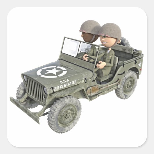 2人の漫画の兵士とジープ スクエアシール (正面)