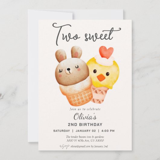 2人の甘いアイスクリームの第2の誕生日 招待状 (正面)