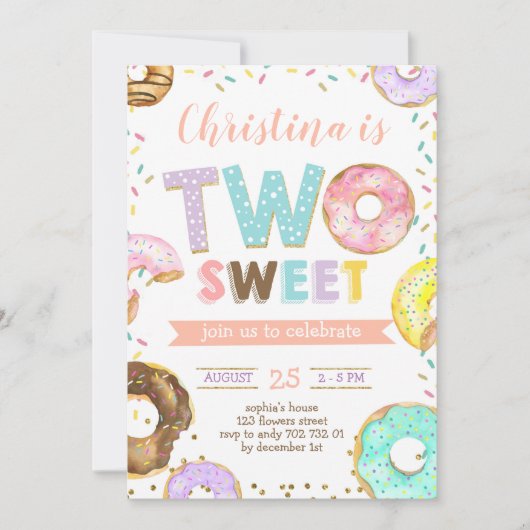 2人の甘いドーナツの少女、2歳の誕生日スプリンクル 招待状 (正面)