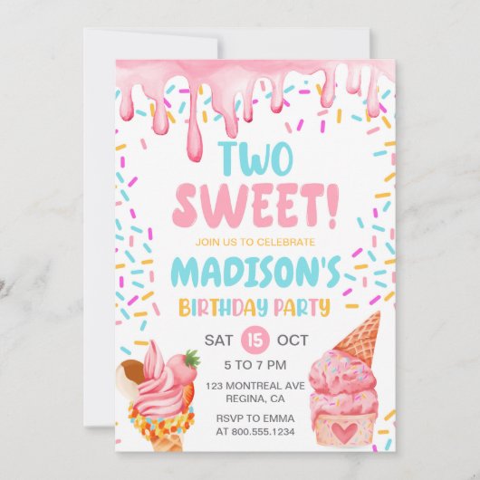 2人の甘い女の子アイスクリーム2nd誕生日 招待状 (正面)