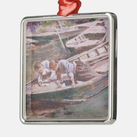 2人の男の子をボートで(Theodore Robinson著) メタルオーナメント (左)
