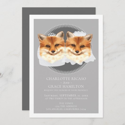 2人の花嫁のミセスとミセス・キツネのテーマ結婚ズ 案内状 (正面/裏面)