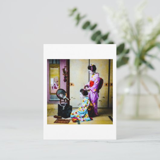 2人の芸者が毛をヴィンテージ日本の ポストカード (スタンド正面)