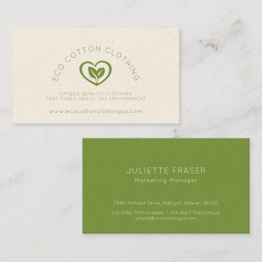 2人の葉ハートロゴの緑の衣料 名刺 (正面/裏面)