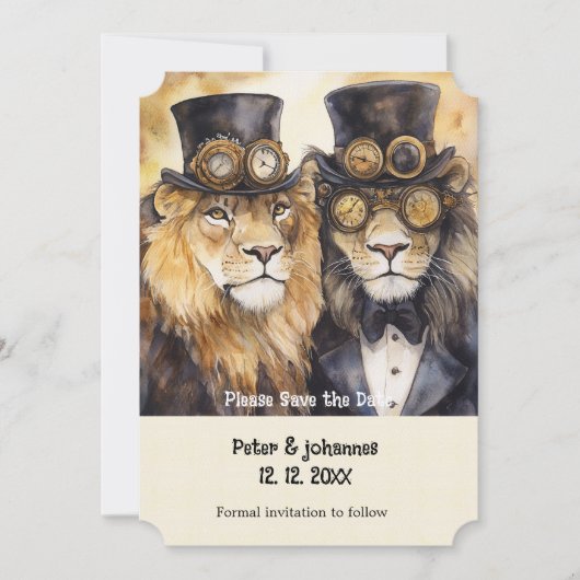 2人の蒸気機関のライオンが主役のSave the date 招待状 (正面)