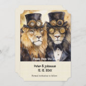 2人の蒸気機関のライオンが主役のSave the date 招待状 (正面/裏面)