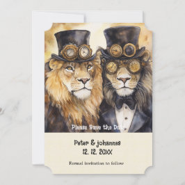 2人の蒸気機関のライオンが主役のSave the date 招待状