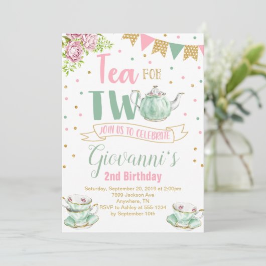 2人の誕生日パーティーへの招待のお茶 招待状 (スタンド正面)