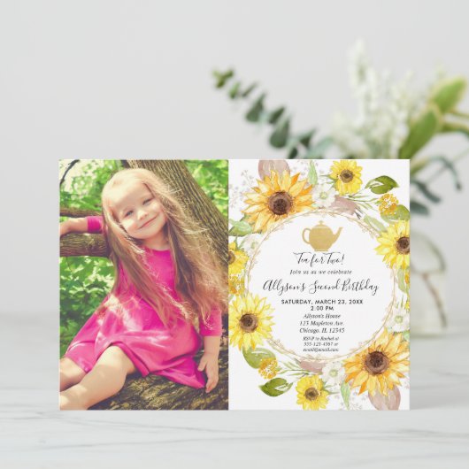 2人の誕生日写真用のヒマワリ茶パーティーティー 招待状 (スタンド正面)