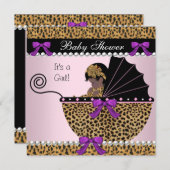 2人の赤ちゃんの歓迎会 キュートな赤ちゃんの女の子 ピンクのヒョウの蝶ネクタイ 招待状 (正面/裏面)