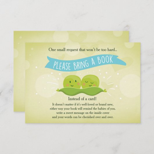 2人の赤ちゃんシャワーが本を持ってきてポッドに2匹のエンドウ エンクロージャーカード (正面/裏面)