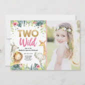 2人の野生のサファリ·金ゴールド·ガール·アニマルズ·バースデー·パーティー 招待状 (正面)