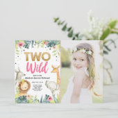 2人の野生のサファリ·金ゴールド·ガール·アニマルズ·バースデー·パーティー 招待状 (スタンド正面)