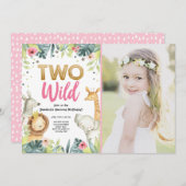 2人の野生のサファリ·金ゴールド·ガール·アニマルズ·バースデー·パーティー 招待状 (正面/裏面)