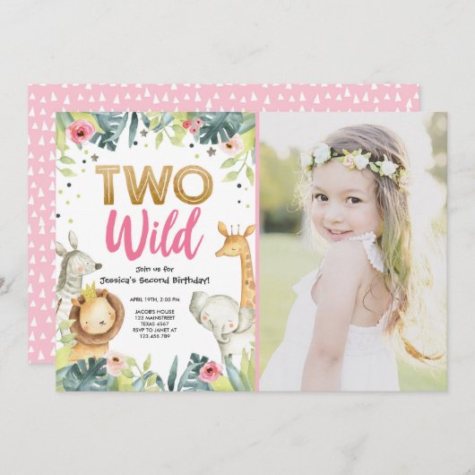 2人の野生のサファリ·金ゴールド·ガール·アニマルズ·バースデー·パーティー 招待状 (正面/裏面)
