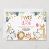 2人の野生のサファリ·金ゴールド·ガール·アニマルズ·バースデー·パーティー 招待状 (正面)