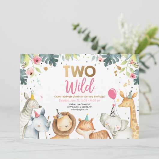 2人の野生のサファリ·金ゴールド·ガール·アニマルズ·バースデー·パーティー 招待状 (スタンド正面)