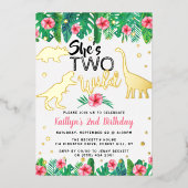 2人の野生の恐竜の女の子2歳の誕生日実在 箔招待状 (正面)