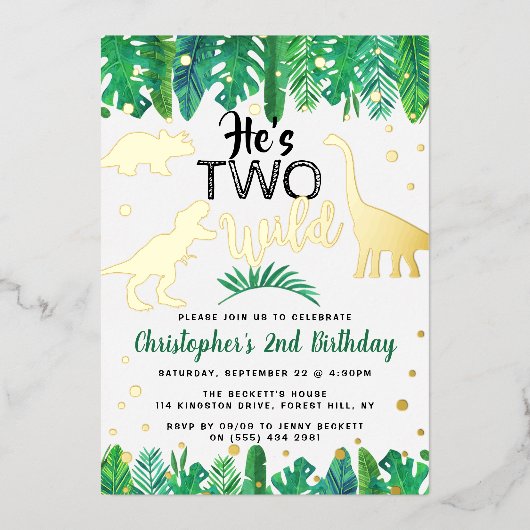 2人の野生の恐竜の少年たち2歳の誕生日実在 箔招待状 (正面)