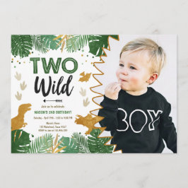 2人の野生のDinoパーティー少年金ゴールド恐竜2歳の誕生日 招待状