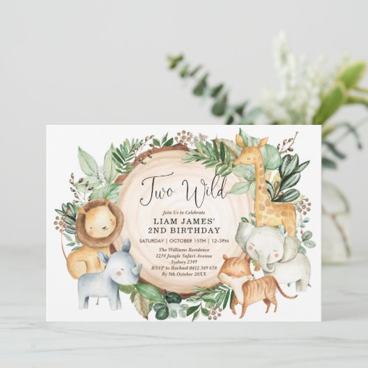2人の野生/植物の緑のジャングル2歳の誕生日 招待状 (スタンド正面)