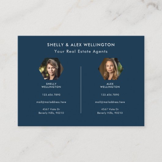 2人の青カスタムいQRコードフォト実在エステート 名刺 (正面)