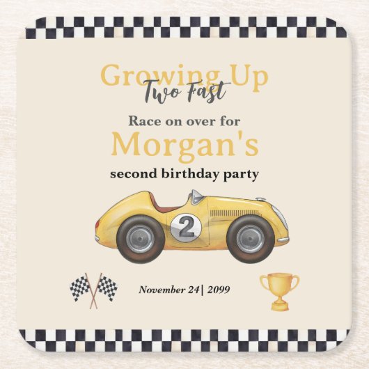 2人の高速イエローレースカーキッズ2nd スクエアペーパーコースター (正面)