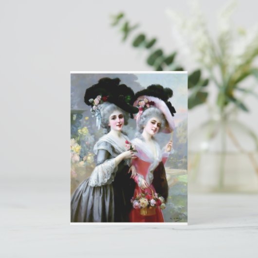 2人ビクトリアンのバラ絵を描付き ポストカード (スタンド正面)