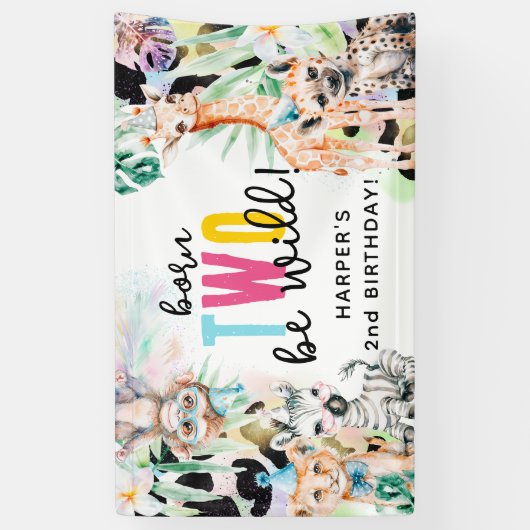 2人生まれは野生だ！サファリの動物の誕生日 横断幕 (縦)