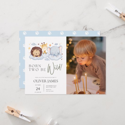 2人生まれは野生の写真2番目の誕生日 招待状 (正面/裏面インサイチュ)