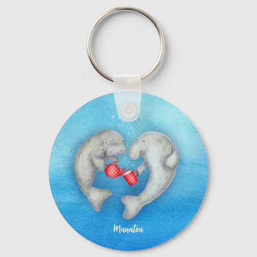 「2人用マナテア」お茶を飲むマナテのキーリング キーホルダー (正面)