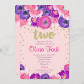 2人目の誕生日の招待状の女の子、ピンクの紫の金ゴールド 招待状 (正面/裏面)