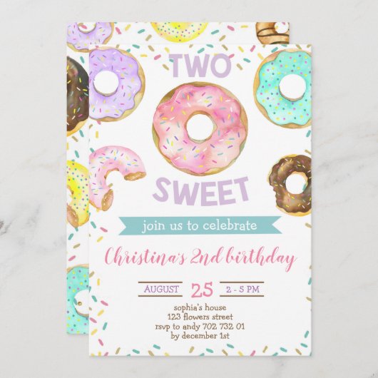 2人目の誕生日ガールドナツをテーマにした甘い可愛い二人 招待状 (正面/裏面)
