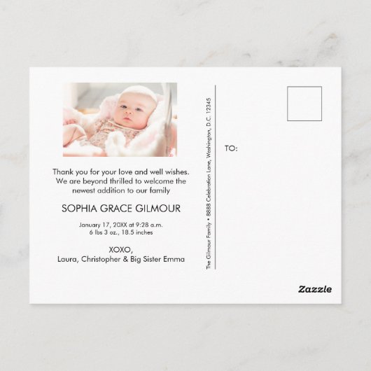 2人目モダンの女の子の写真カスタム赤ちゃんのシャワー ポストカード (裏面)