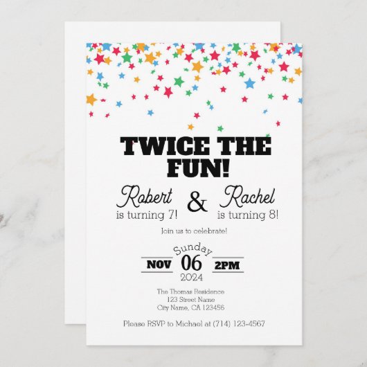 2倍のおもしろいダブル誕生祝い招待状 招待状 (正面/裏面)