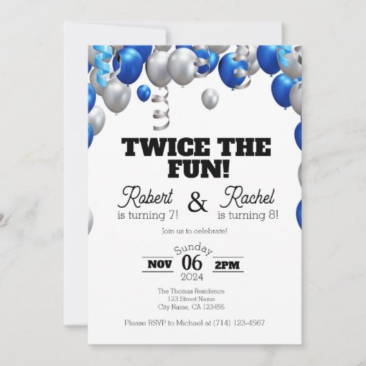2倍のおもしろいダブル誕生祝い招待状 招待状 (正面)