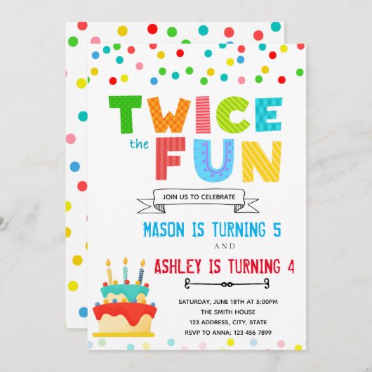 2倍楽しい合同誕生日カード 招待状 (正面/裏面)