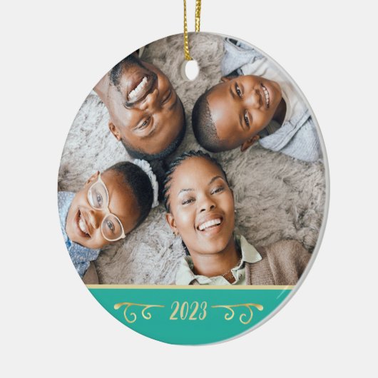 2写カスタム真2面ファミリーフォトティール(緑がかった色)金ゴールド セラミックオーナメント (左)