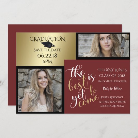 2写真とあなたの色を選択バーガンディ卒業 招待状 (正面/裏面)