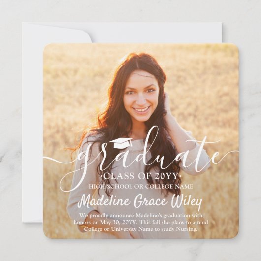 2写真と白のスクリプトオーバーレイ正方形の卒業 案内状 (正面)