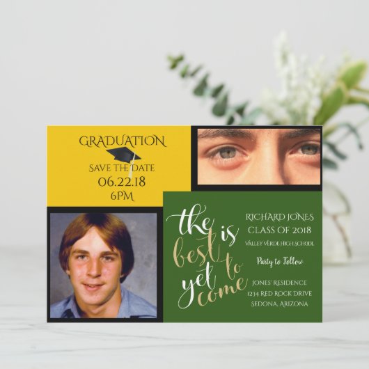 2写真と選択カラーイエローグリーン卒業 招待状 (スタンド正面)