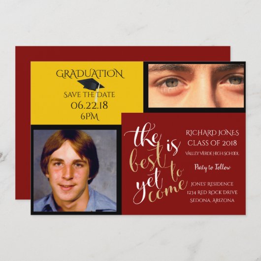 2写真と選択カラーイエローレッド卒業 招待状 (正面/裏面)