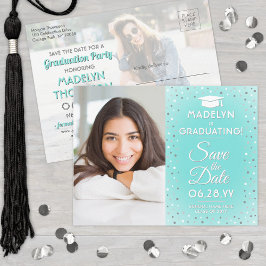 2写真の卒業日保存ティール(緑がかった色)ブルー 案内ポストカード