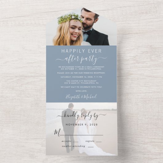 2写真エレガントほこりっぽいブルーウェディングレセプション オールインワン招待状 (内側)