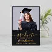 2写真エレガント卒業パーティーモダンブラック 箔招待状 (立ち正面)