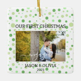 2写真グリーン水玉模様初めてのクリスマス 婚約した セラミックオーナメント